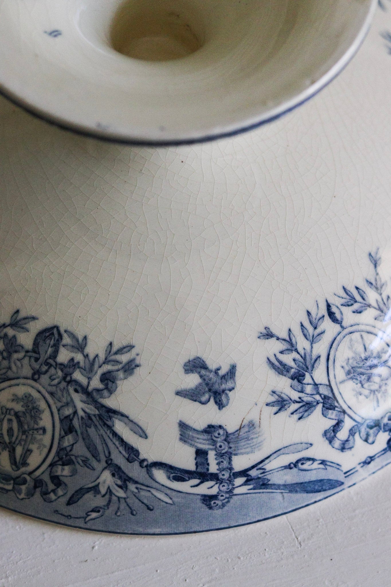 Large Antique French Transferware Pedestal Fruit Bowl with Birds