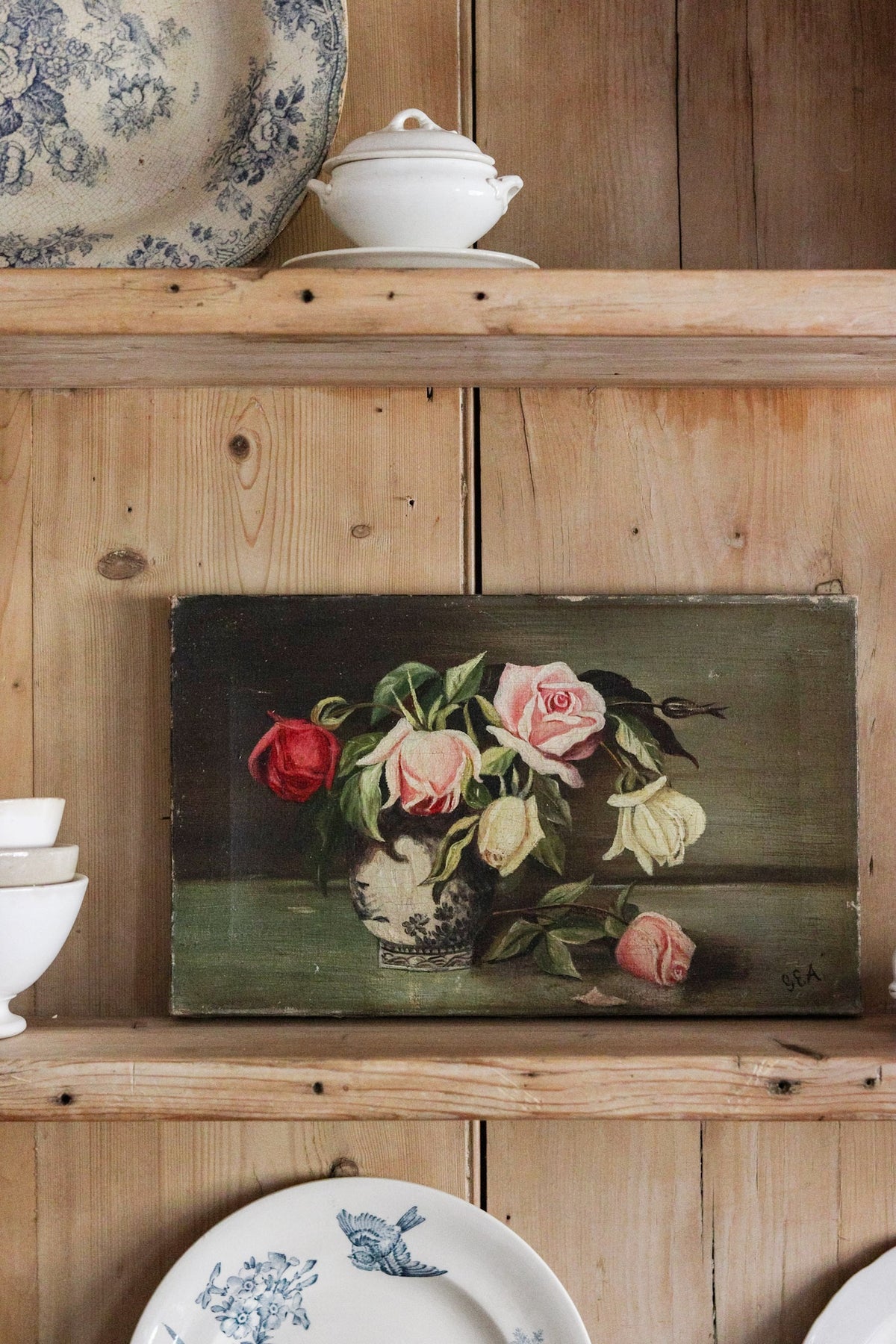 English Roses in Vase Oil Painting