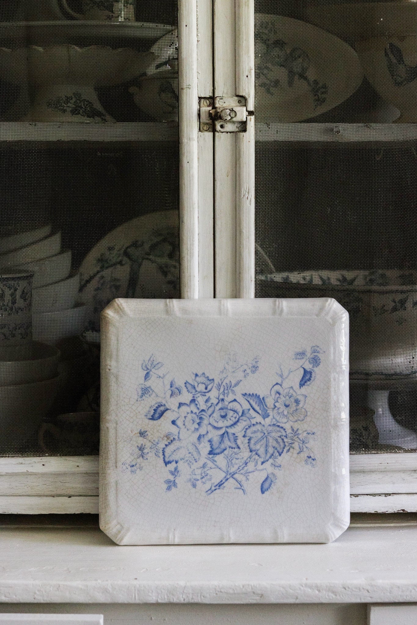 Vintage French Transferware Trivet Tile with Flowers