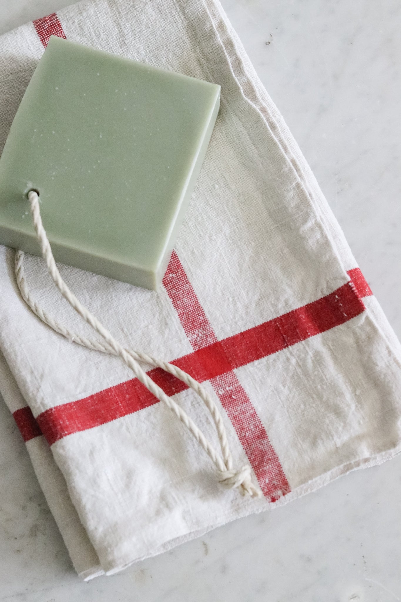 Vintage French Towel + Christmas Tree Farm Soap on a Rope