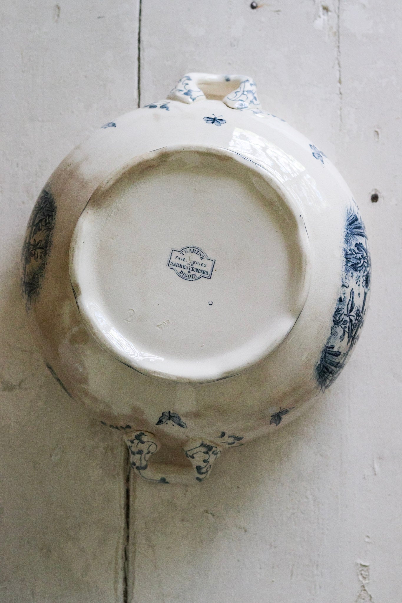 Large Antique French Transferware Tureen with Butterflies and Flowers