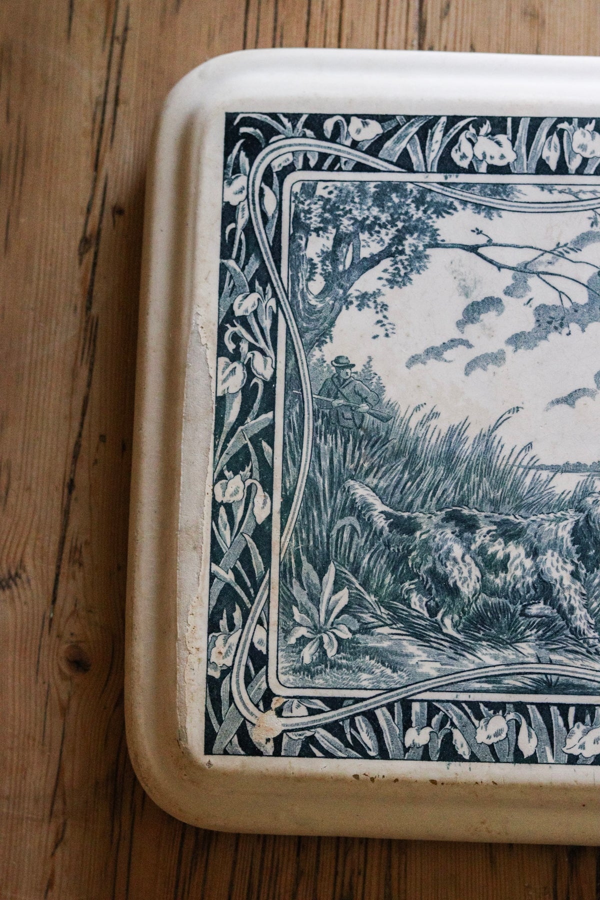 Vintage French Transferware Trivet Tile with Dog and Ducks