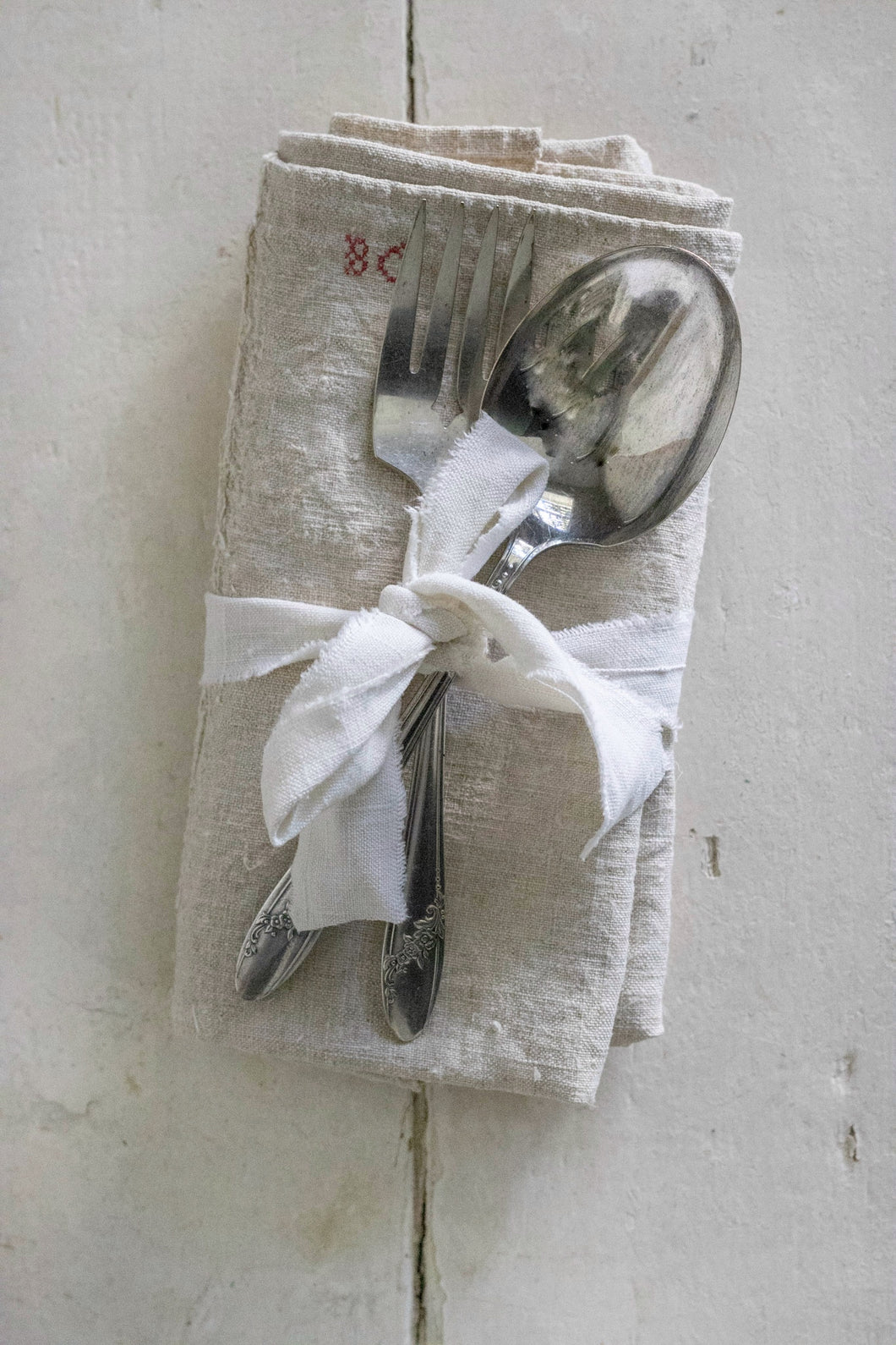 Vintage French Monogrammed Kitchen Towel & Vintage Serving Pieces