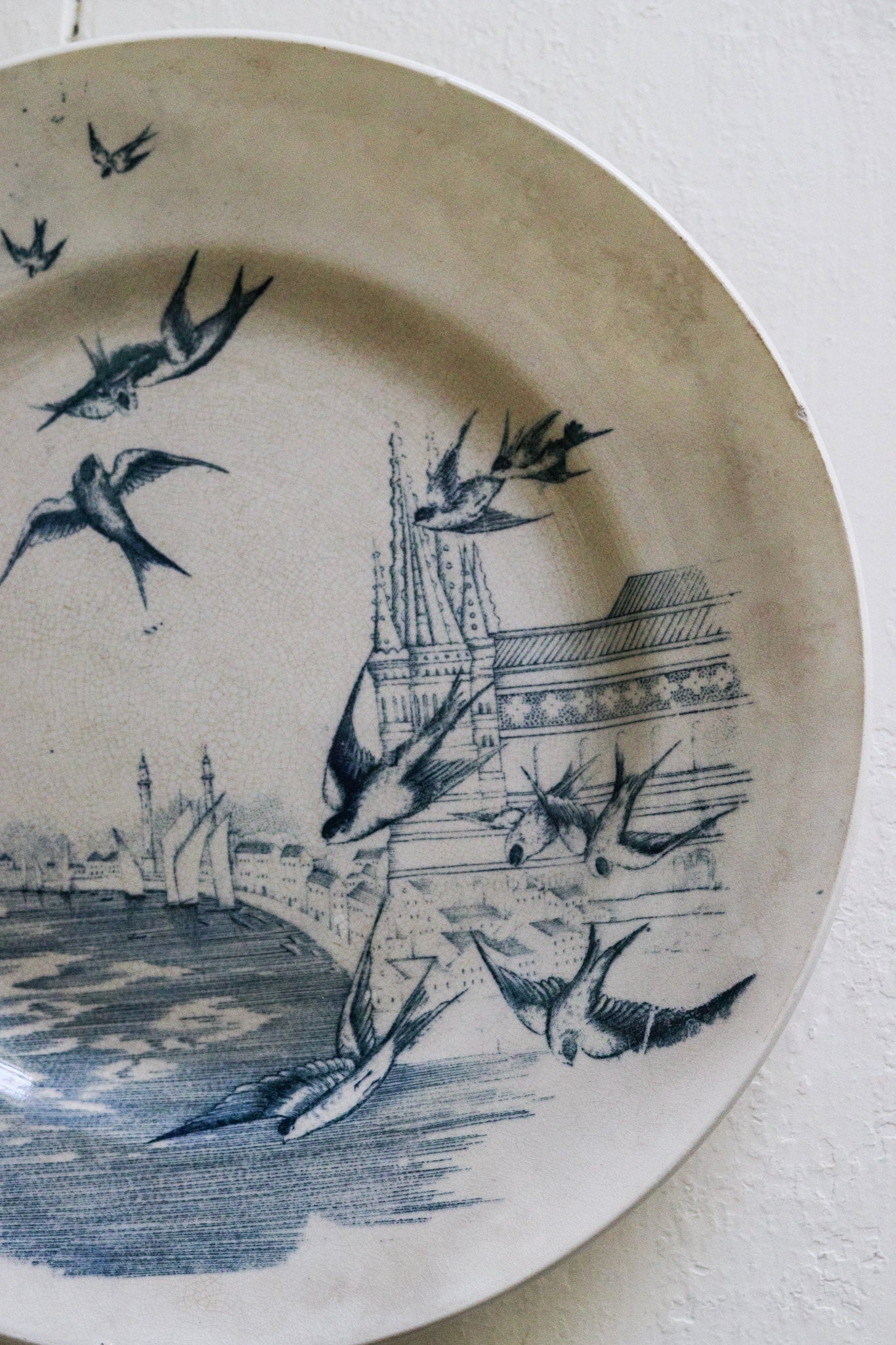 Beautiful Antique French Transferware Plate with Birds and Coastal City Scene