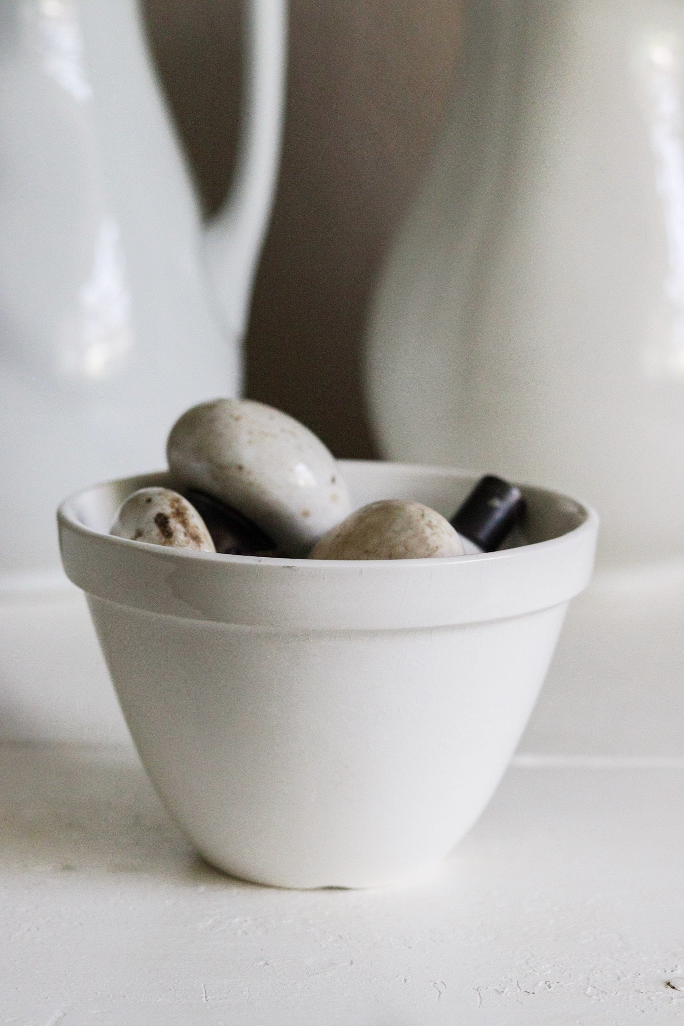 Vintage English Pudding Bowl + Set of Antique Door Knobs