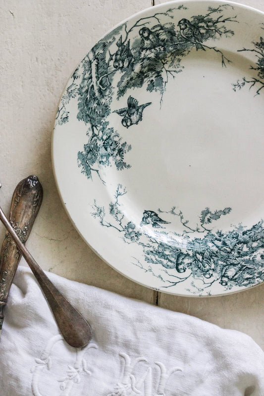 Antique French Transferware Plate with Birds