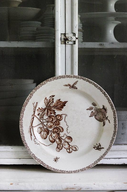 Antique French Transferware Round Platter with Bees and Fruit