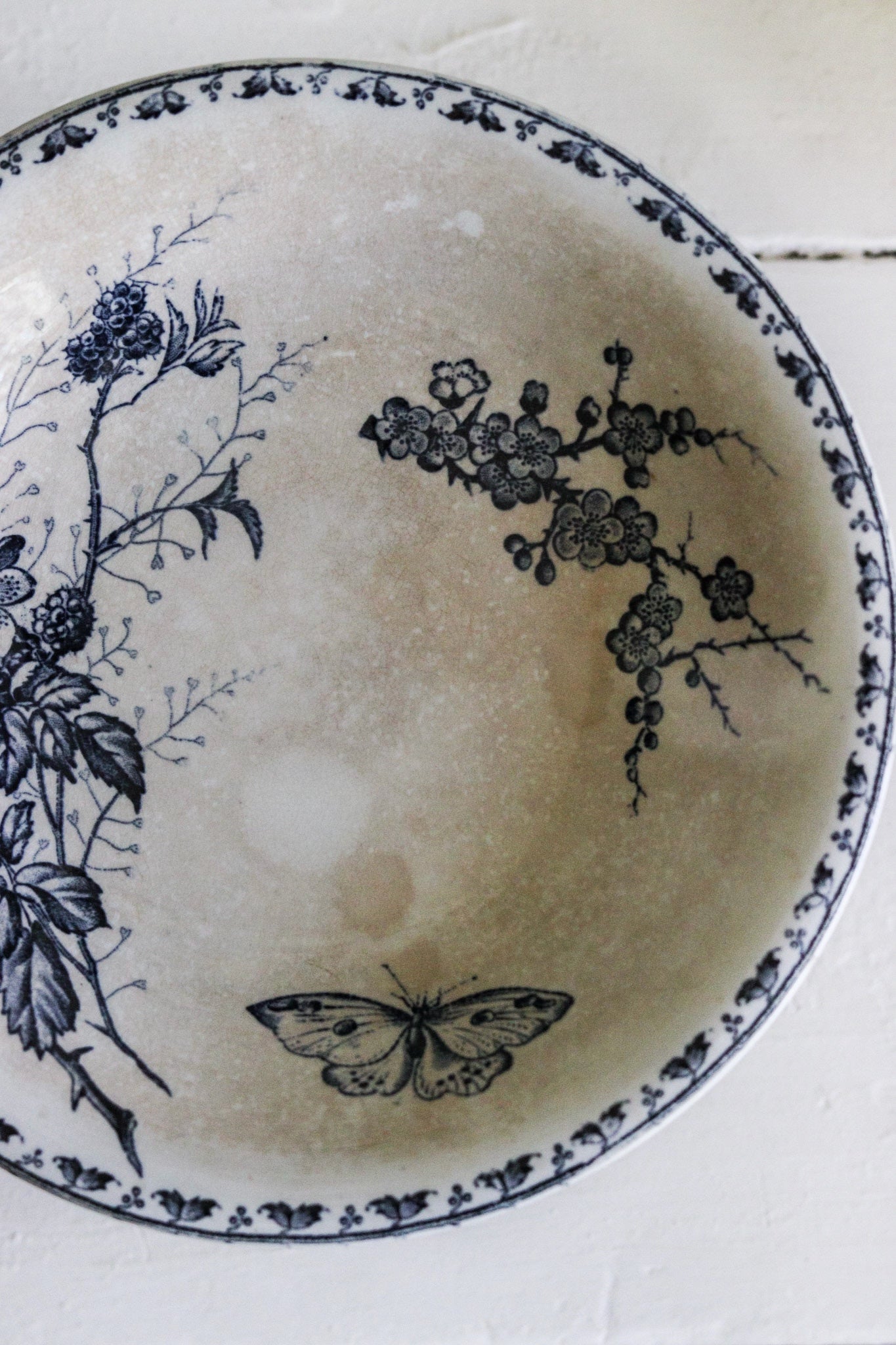 Antique French Transferware Pedestal Fruit Bowl with Blackberries, Flowers and Butterflies