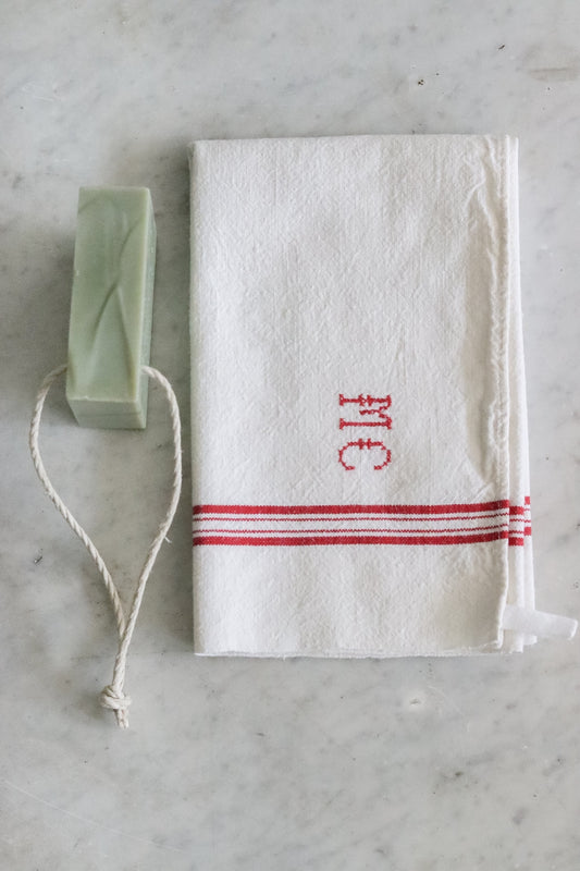 Vintage French Towel + Christmas Tree Farm Soap on a Rope