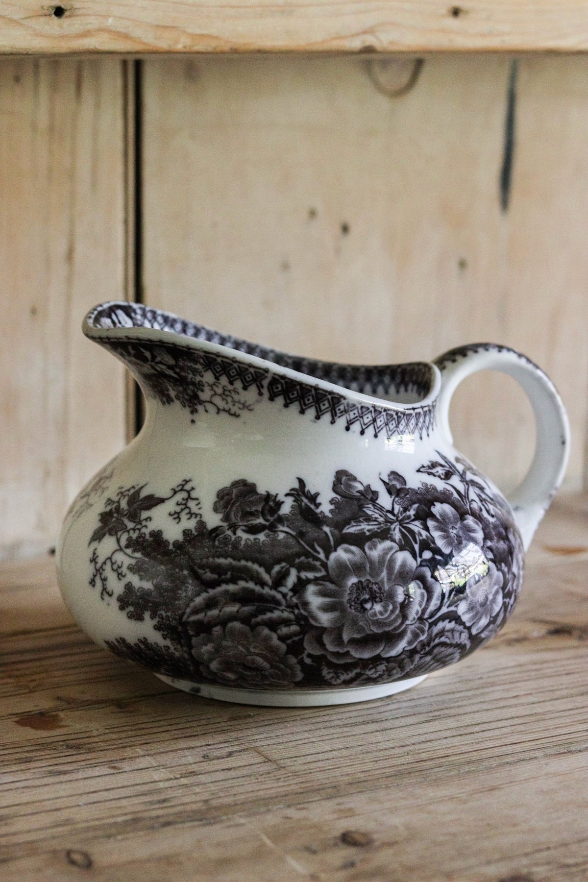 Antique French Black Transferware Pitcher with Flowers