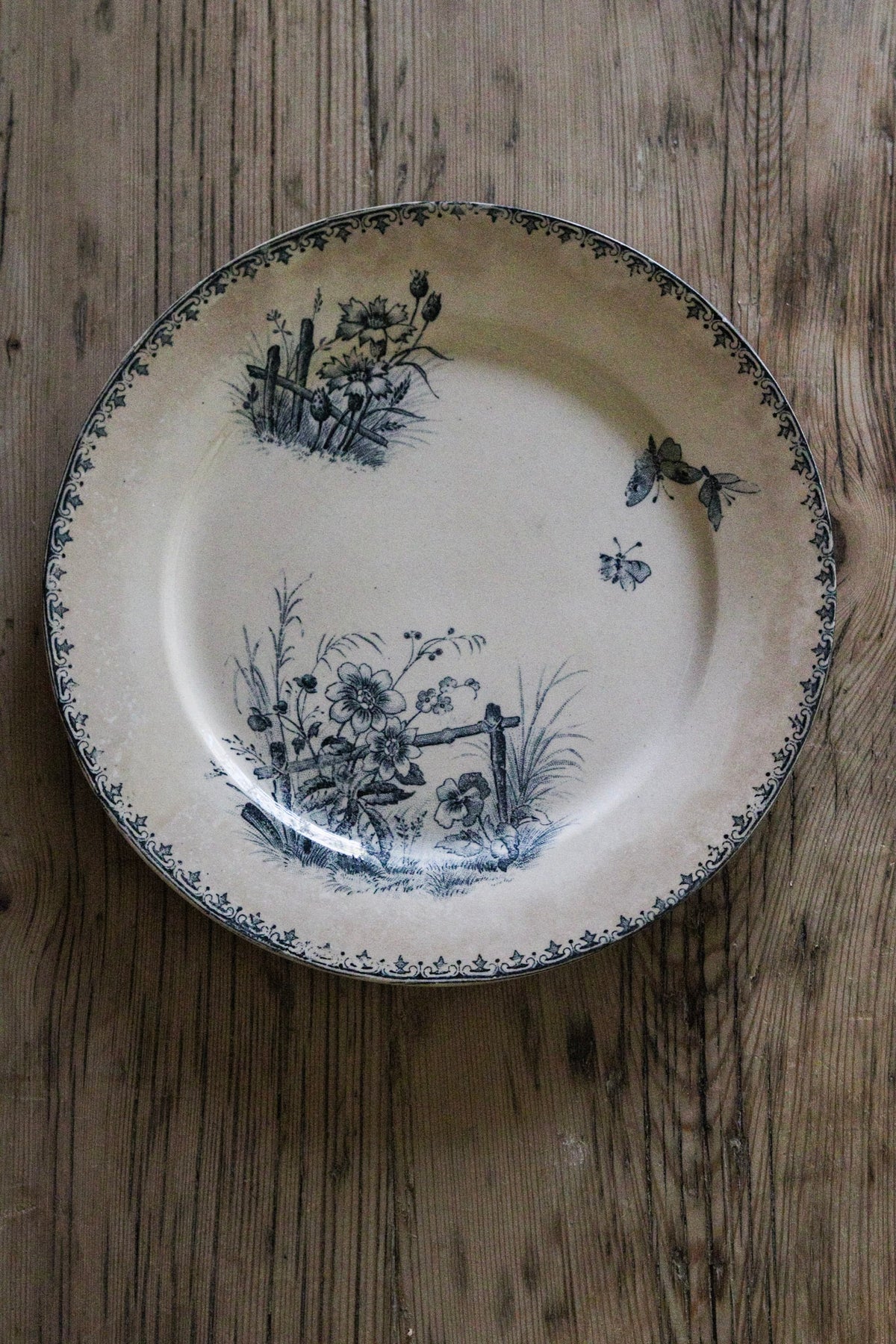 Antique French Transferware Plate with Flowers and Butterflies