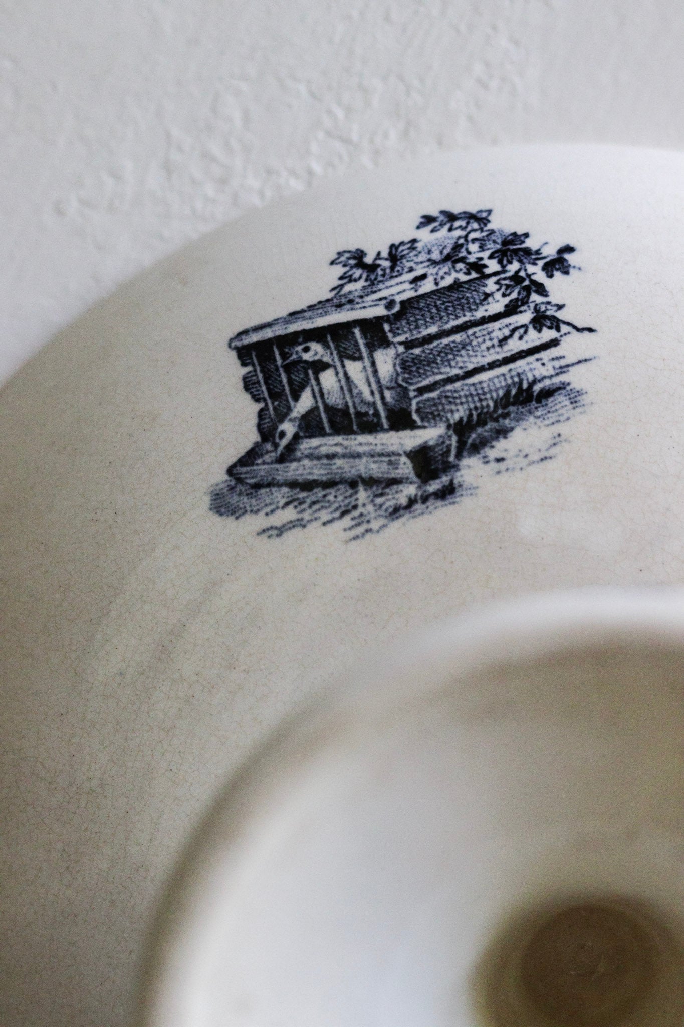 Antique French Transferware Pedestal Fruit Bowl with Farm Scene