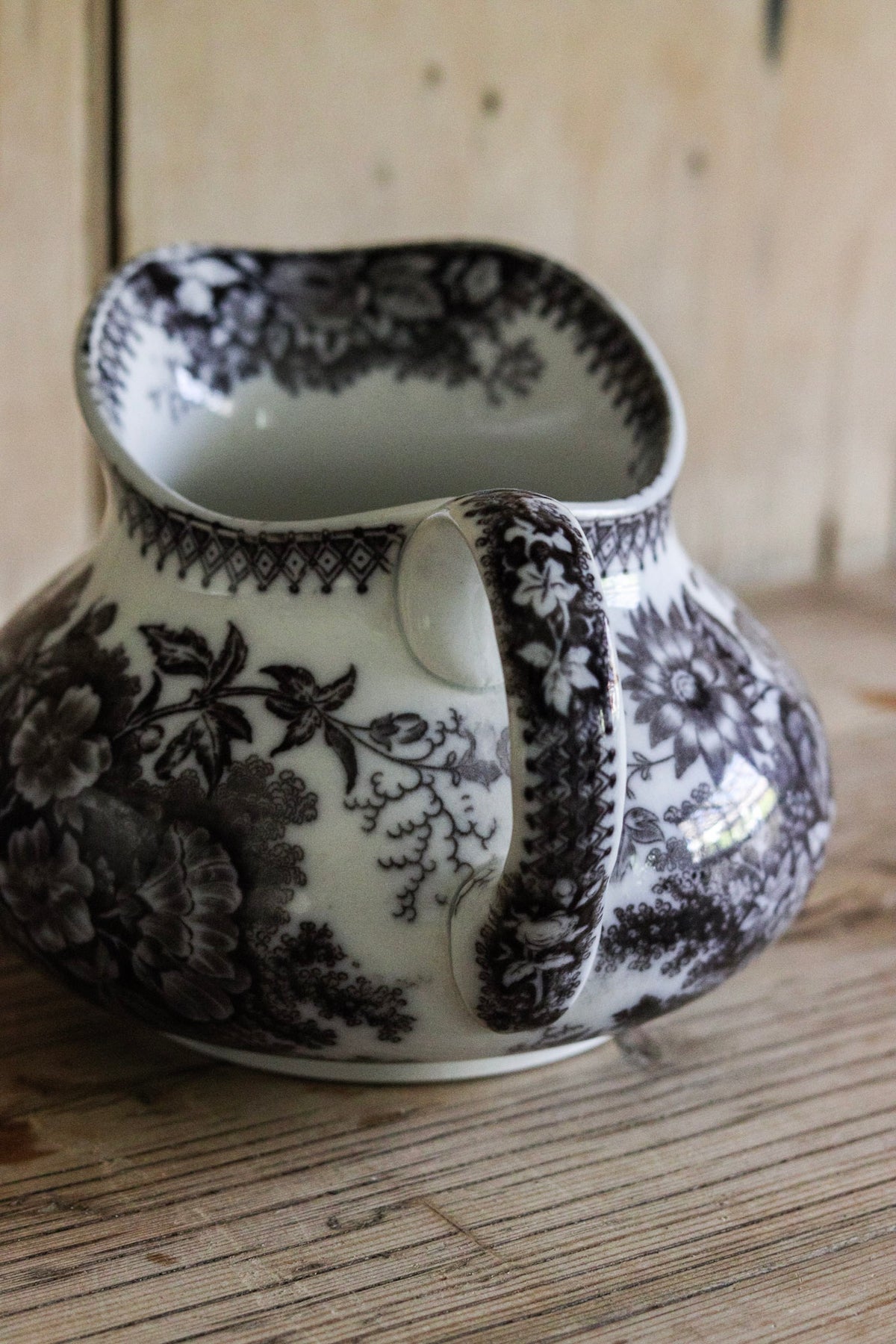 Antique French Black Transferware Pitcher with Flowers