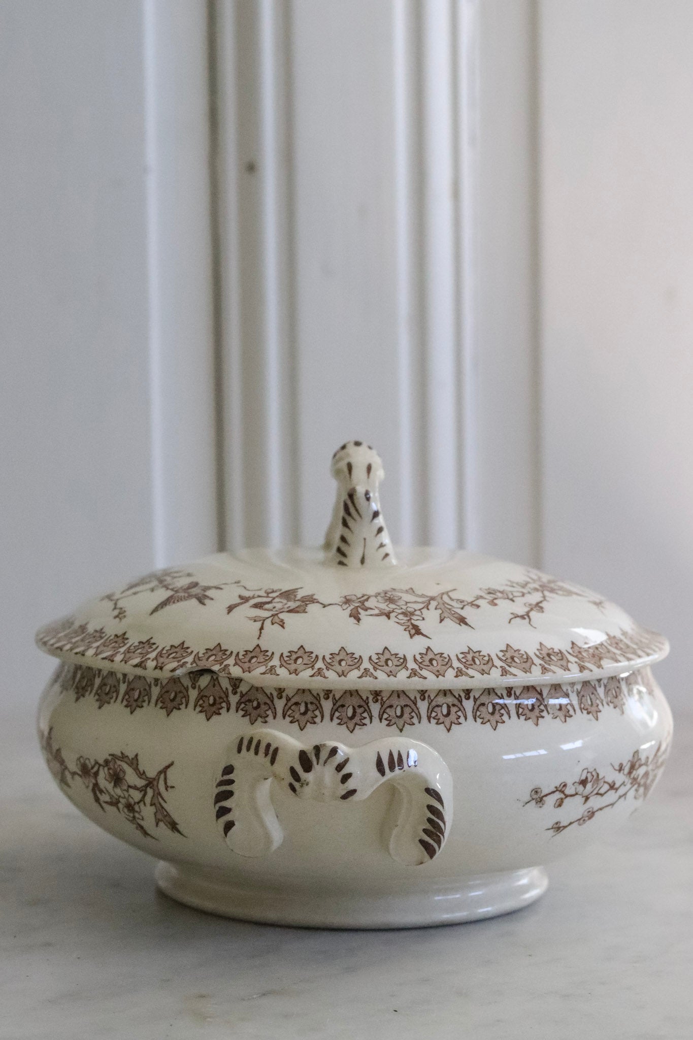 Antique French Transferware Tureen with Birds