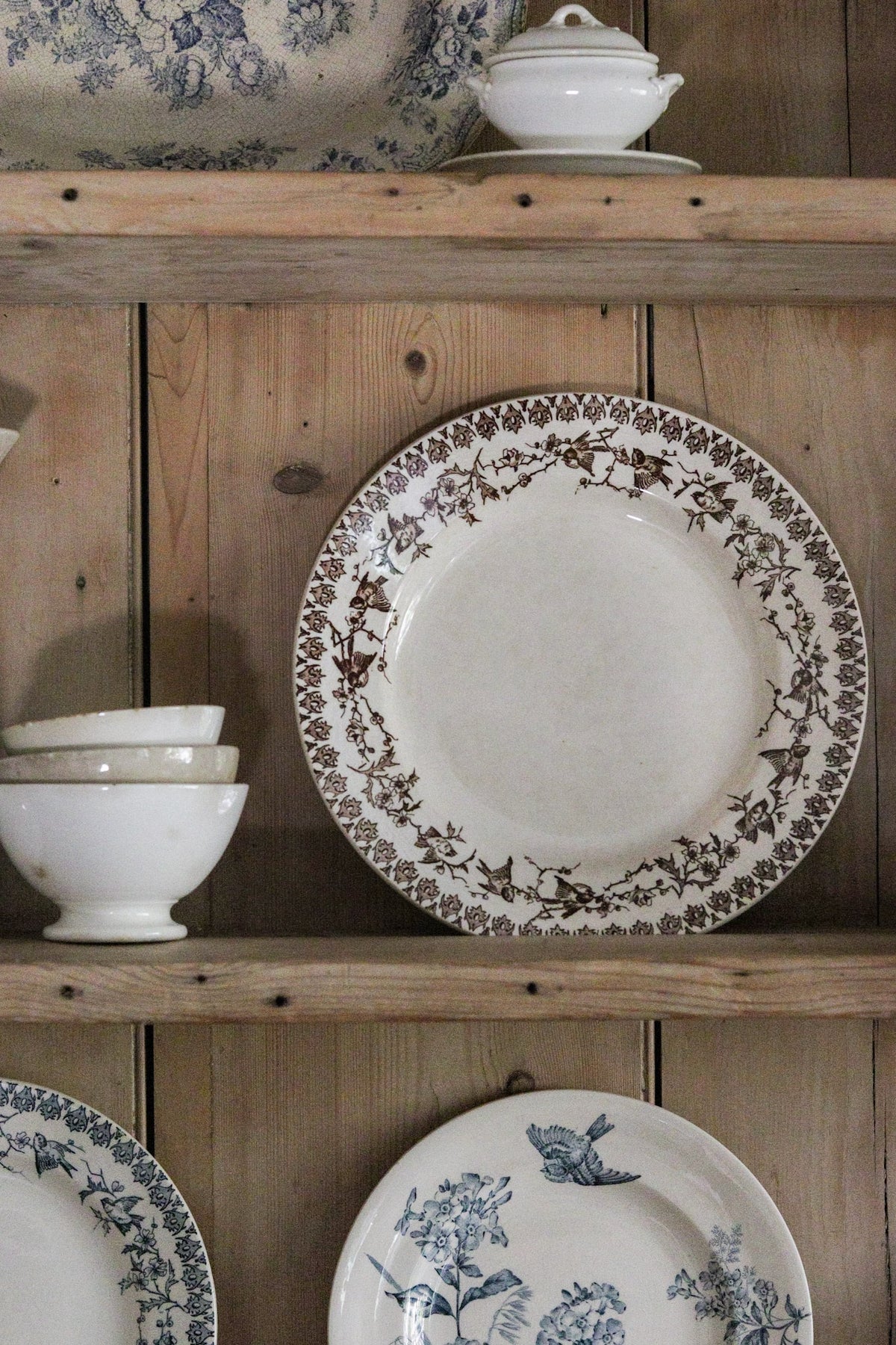 Large Antique French Transferware Plate with Birds