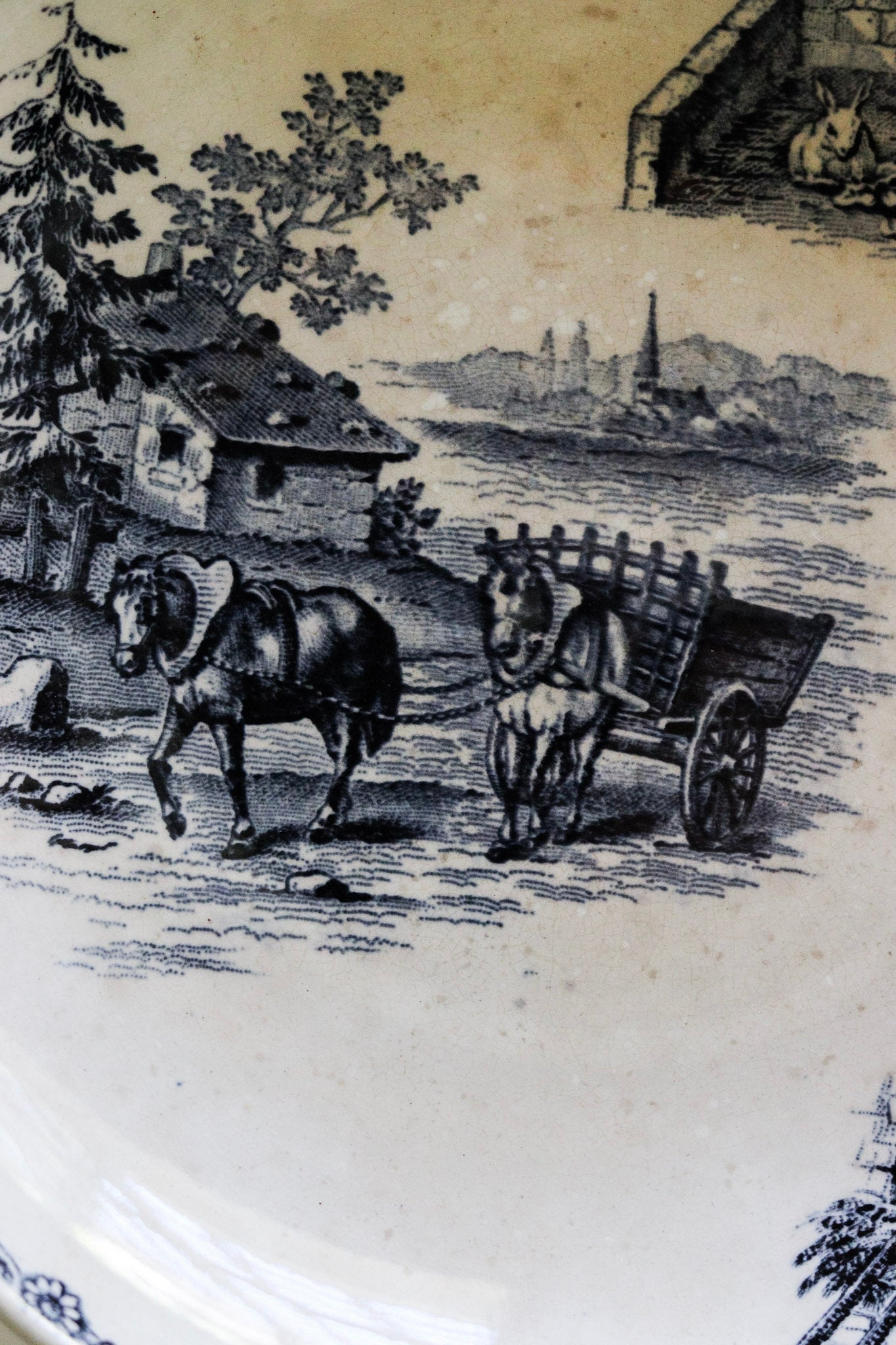 Antique French Transferware Pedestal Fruit Bowl with Farm Scene