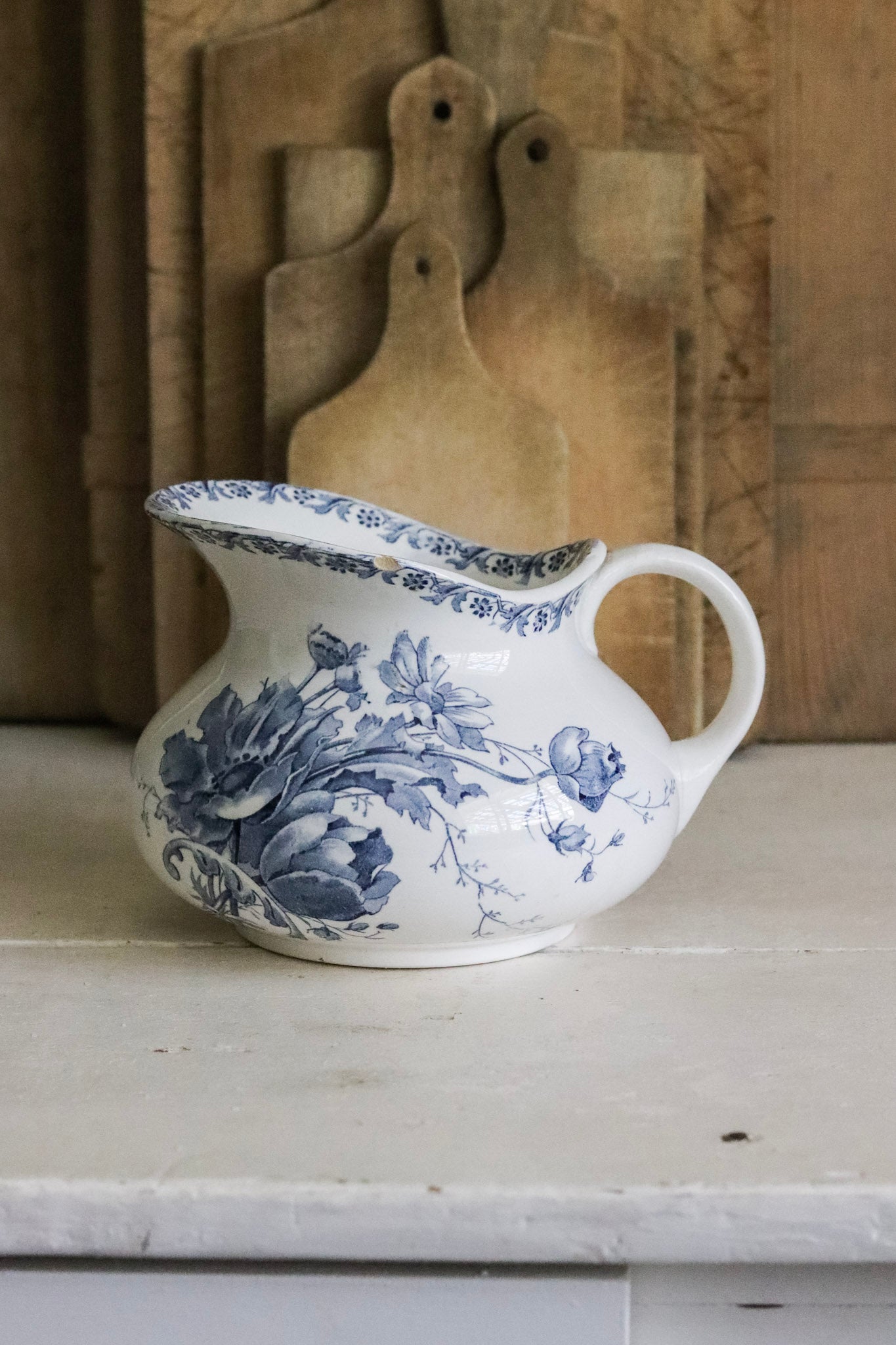 Antique French Transferware Pitcher with Flowers