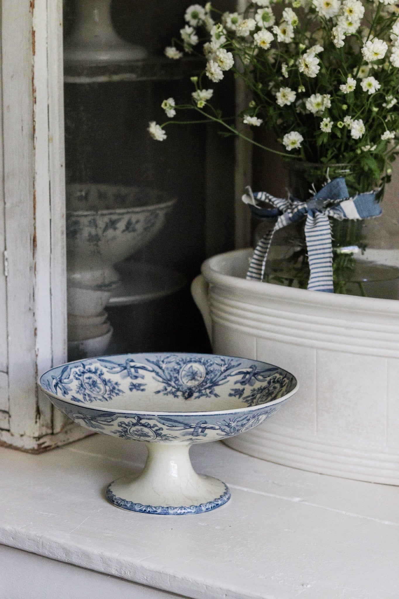 Large Antique French Transferware Pedestal Fruit Bowl with Birds