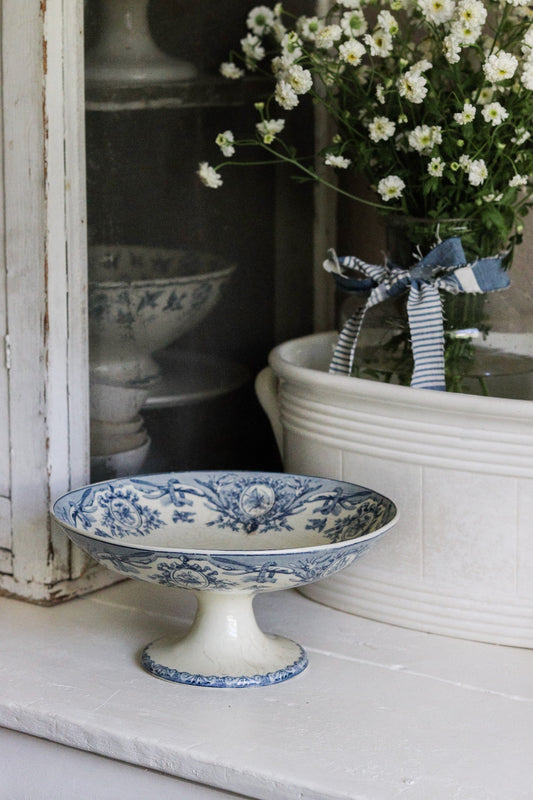 Large Antique French Transferware Pedestal Fruit Bowl with Birds